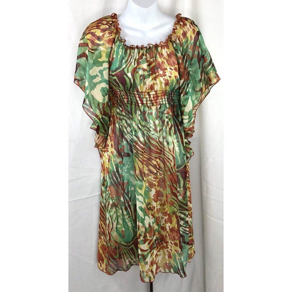 NWT Cha Cha Vente Chiffon Dress S Multi Geo Smocked Ruffle Coconut Girl Tropical